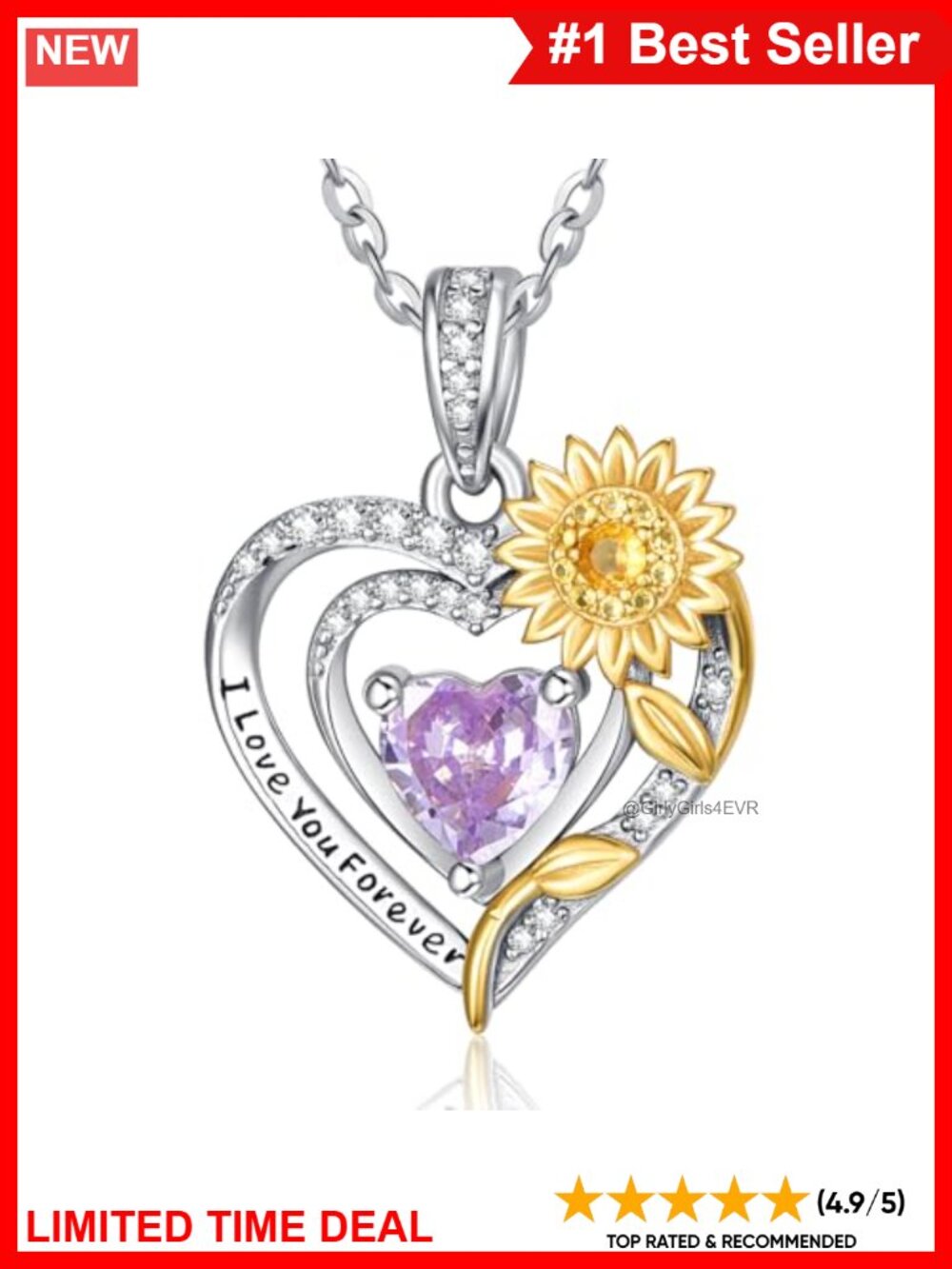 White Gold Plated Sunflower Heart Pendant Necklace Alexandrite June Birthstone